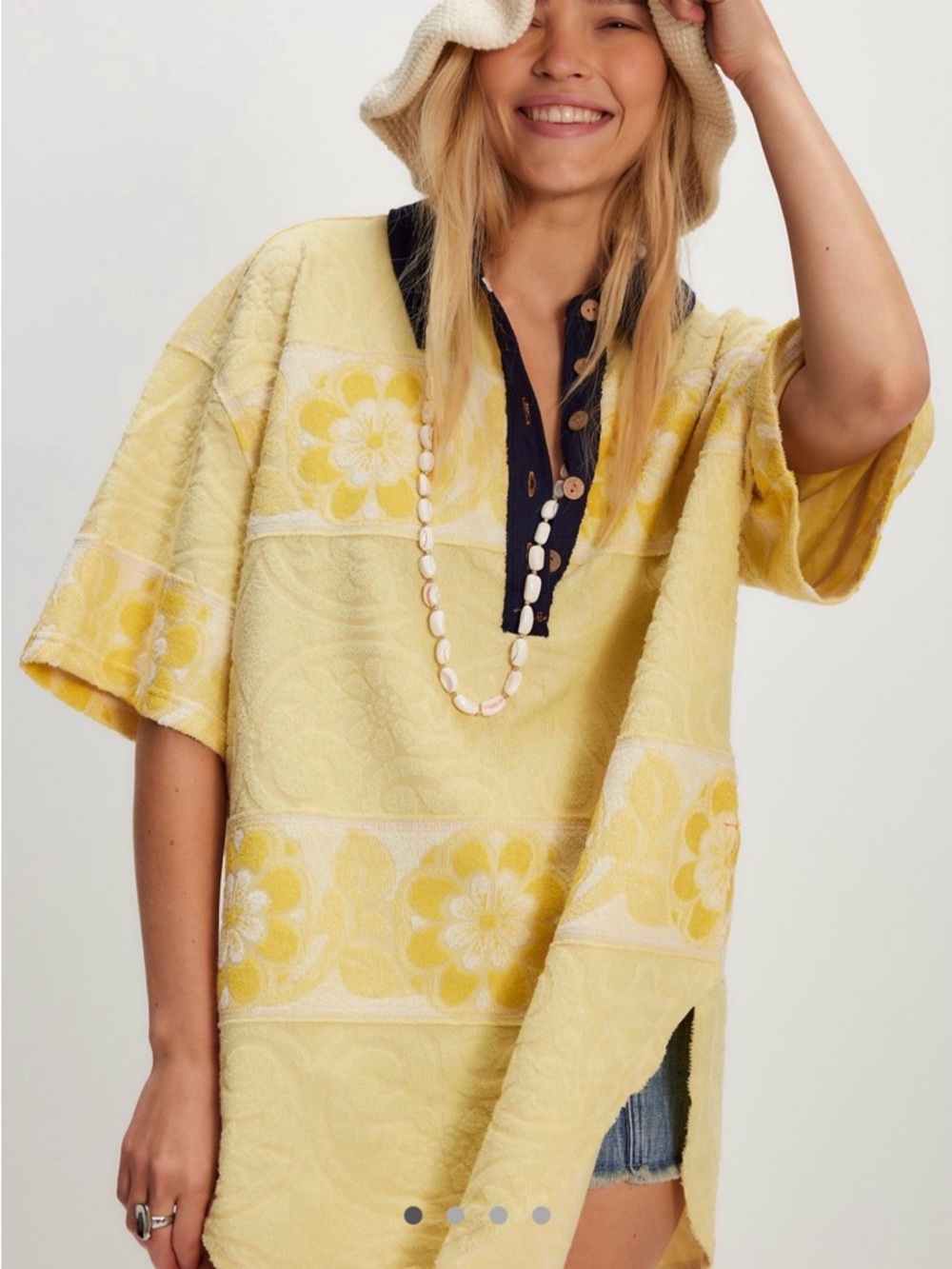 We The Free Yellow Floral Knit Tunic with Navy Trim